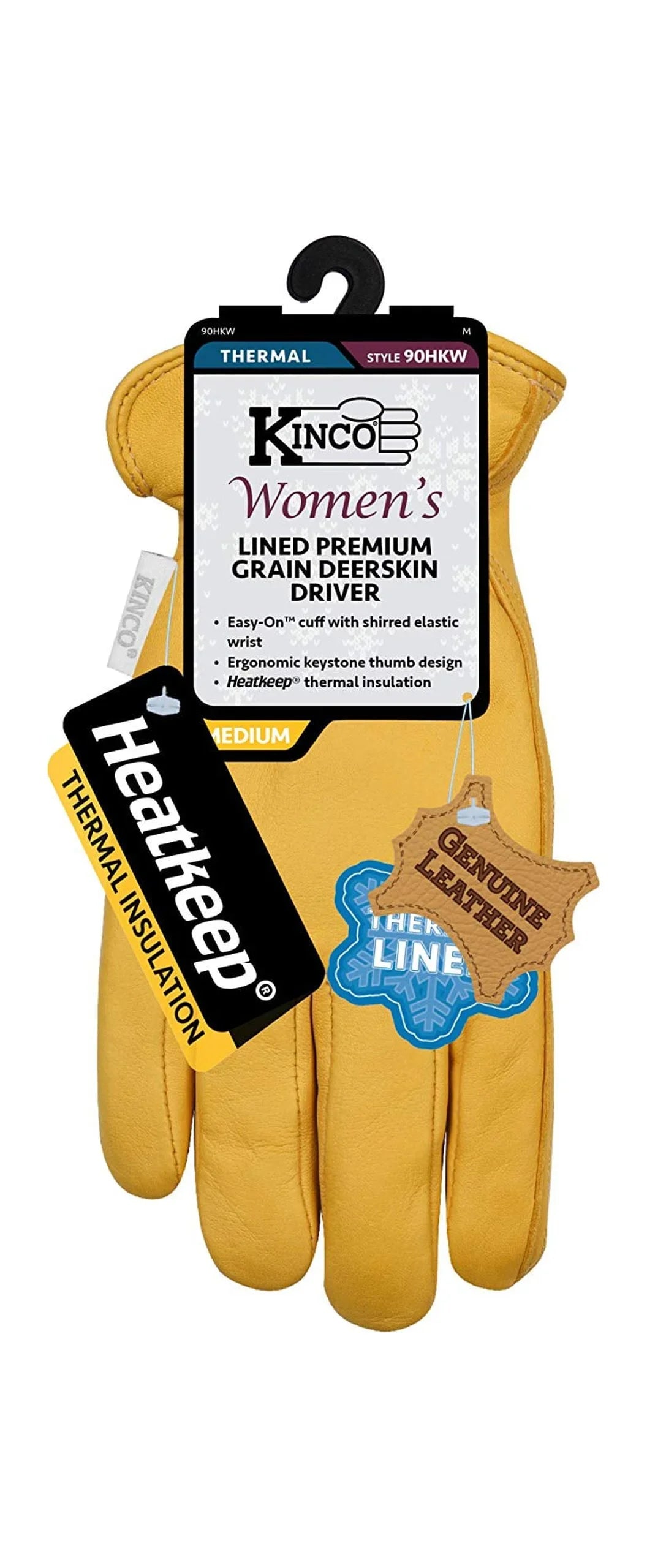 Heat Elastic 90HKW-S Lined Keep Deerskin Lining, Gloves, Back, Golden Grain Shirred Small, Kinco Women's Double