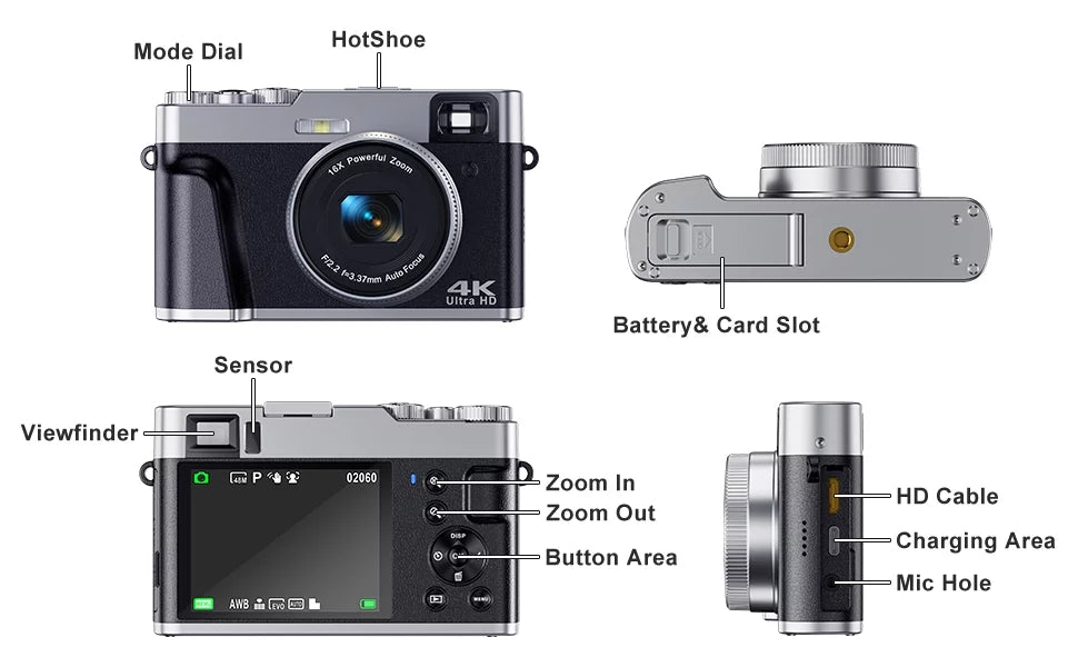32GB Vlogging for Camera Camera YouTube Video 4K Camera Autofocus SD Photography 4K Digital Card Digital 16X Zoom with for 48MP