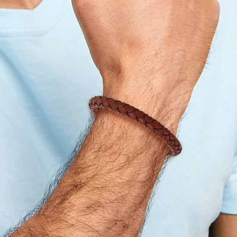 8.5" Polished Brown Bracelet Steel Leather Stainless Chisel - Braided