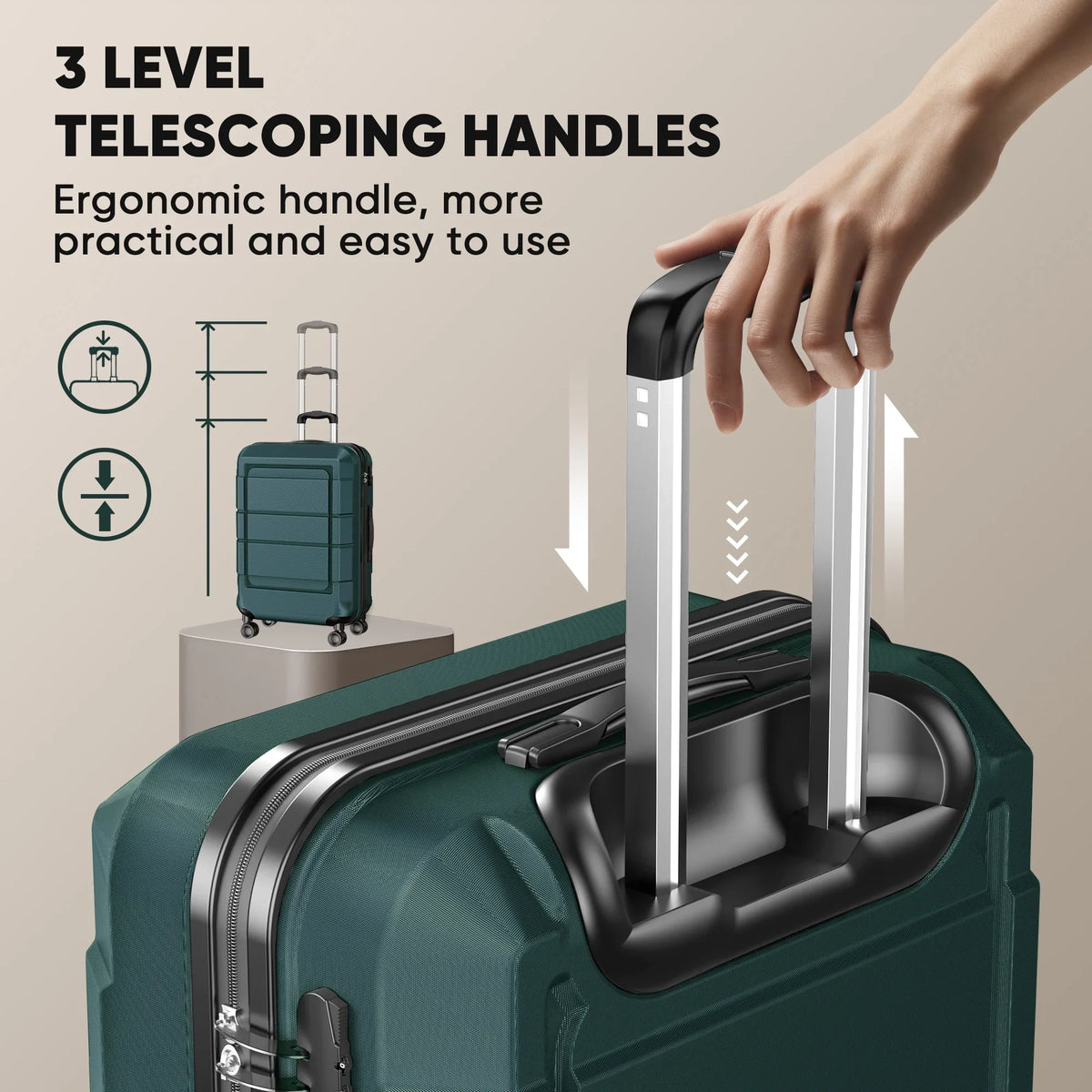 Suitcase Green 3 AEDILYS TSA Set, Hardside Sets, Piece Luggage Lock, ABS