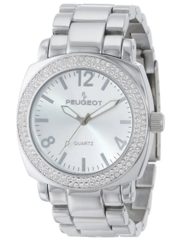 Silver Bracelet Women's Oversized Watch All Metal 7075S Crystal with Peugeot Boyfriend Swarovski Bezel Link