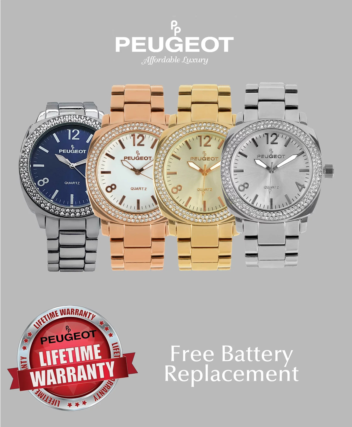 Silver Bracelet Women's Oversized Watch All Metal 7075S Crystal with Peugeot Boyfriend Swarovski Bezel Link