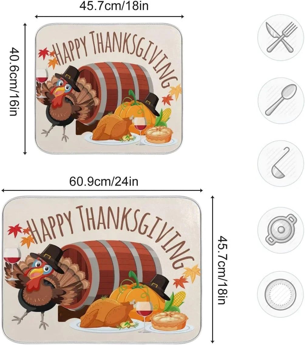 Harvest Wellsay Fall Mat Dry Kitchen Dish Dishes for Counter Accessories 16x18inch Turkey Happy Drainer Rack Pad Fast Dish Mats Autumn Drying Absorbent Thankgiving