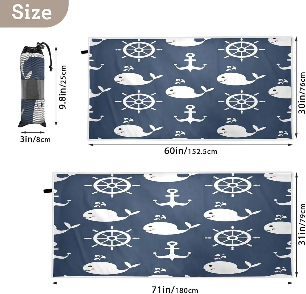（429） - Lightweight Cartoon Towels Camping Oversized Holiday Towel Towel Travel Compact Whale Super Anchor - for Retro Quick Beach Swimming Bestwell Dry Absorbent