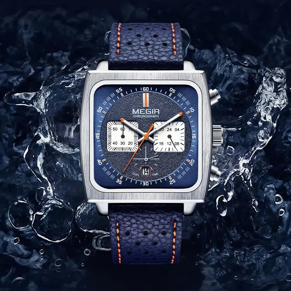 Display Watch Men's Date MEGIR Leather - Watch KingFurt Dial Square Waterproof Blue Luminous, Quartz -