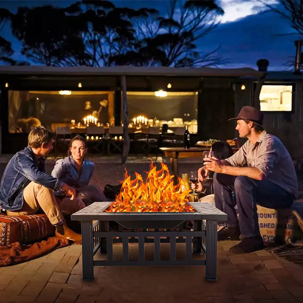 32" Fire Square with Pit, Spark or Burning Safe Bonfire Cover for Warmth, exterior Table Outside, BBQ Fire Grand Poker Patio for Mesh Wood Backyard Cooler & Patio Screen Lid Firepit Pit