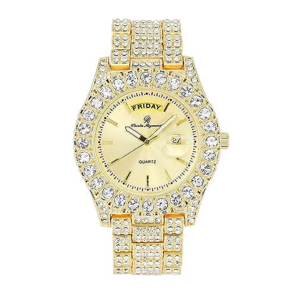 Mens Colorful Diamond w/Easy Read Big Charles Iced Blinged Fully Raymond &Day Hop Designer ST10535 and - Out Hip Out (ST10535-LN Timepiece Gold) Rocks Dials- Watch Date