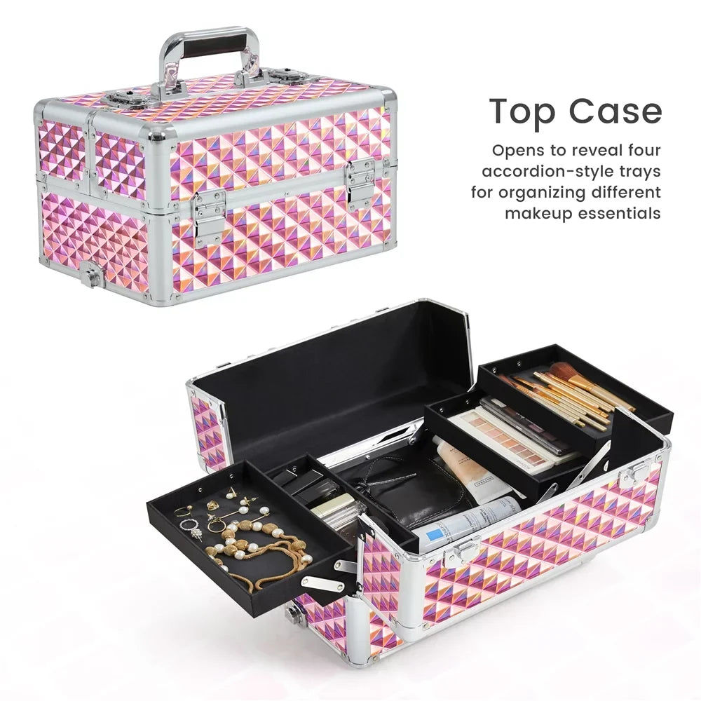 with 3-in-1 Trolley Large Makeup Rolling Case Storage, Topeakmart Pink Train Cosmetic