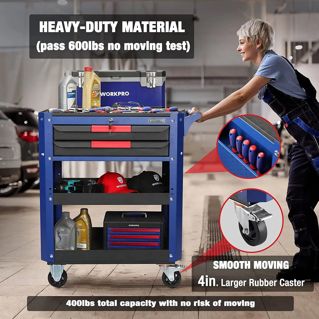 2-Drawer Service for Warehouse, Duty System, and with Heavy lbs 28" WORKPRO Organizer Locking Wheels Garage, 400 Utility Cart Tool Workshop, Load Storage Rolling Premium Cart, Industrial Mechanic,