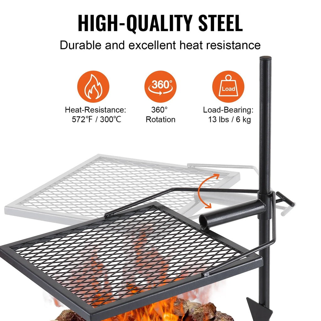 Duty Grate x Adjustable Grill Steel Cooking 16" Swivel BENTISM Open Campfire Heavy 16" Fire
