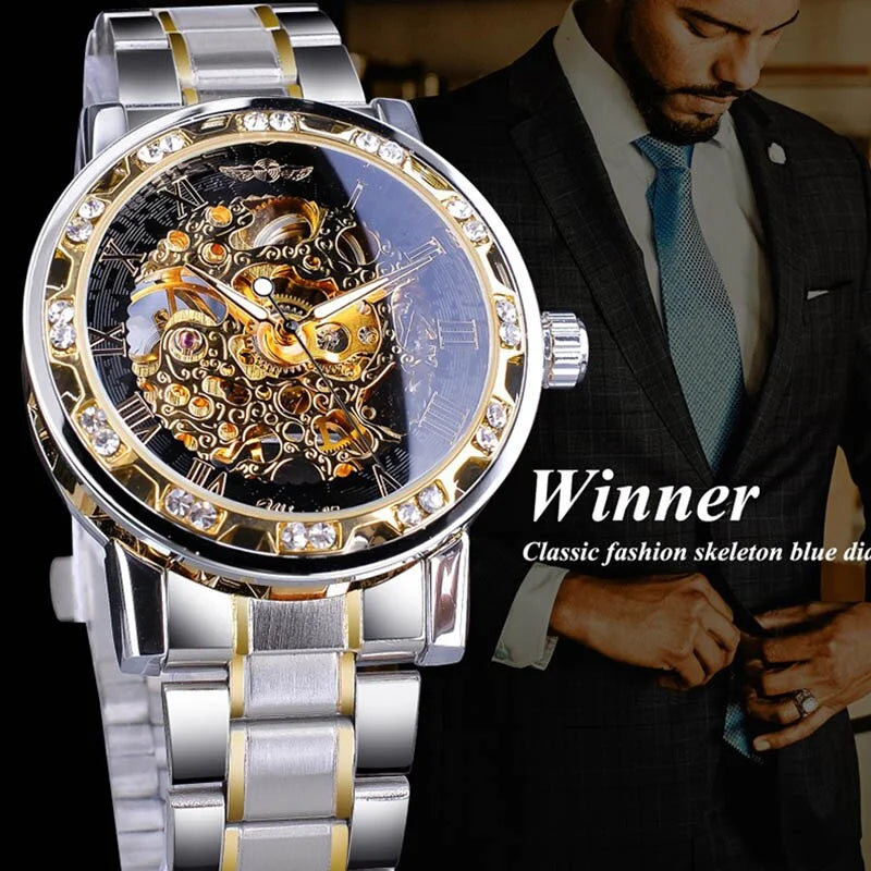 Gift Silver Gold White Movement Diamond Wrist Gear Skeleton Watch 1pc Luxury Men Exquisite Mechanical Business
