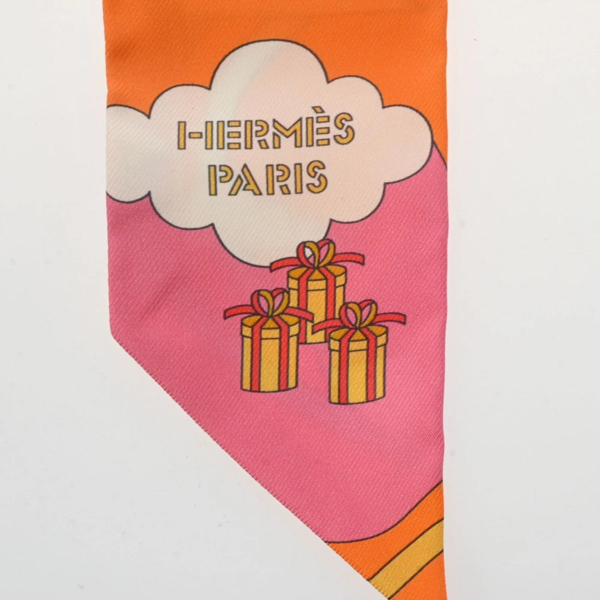 Silk Volants Muffler - (Like Scarf New) Orange/Rose/Mauve HERMES 100% Pre-Owned Women's Twilly Carres