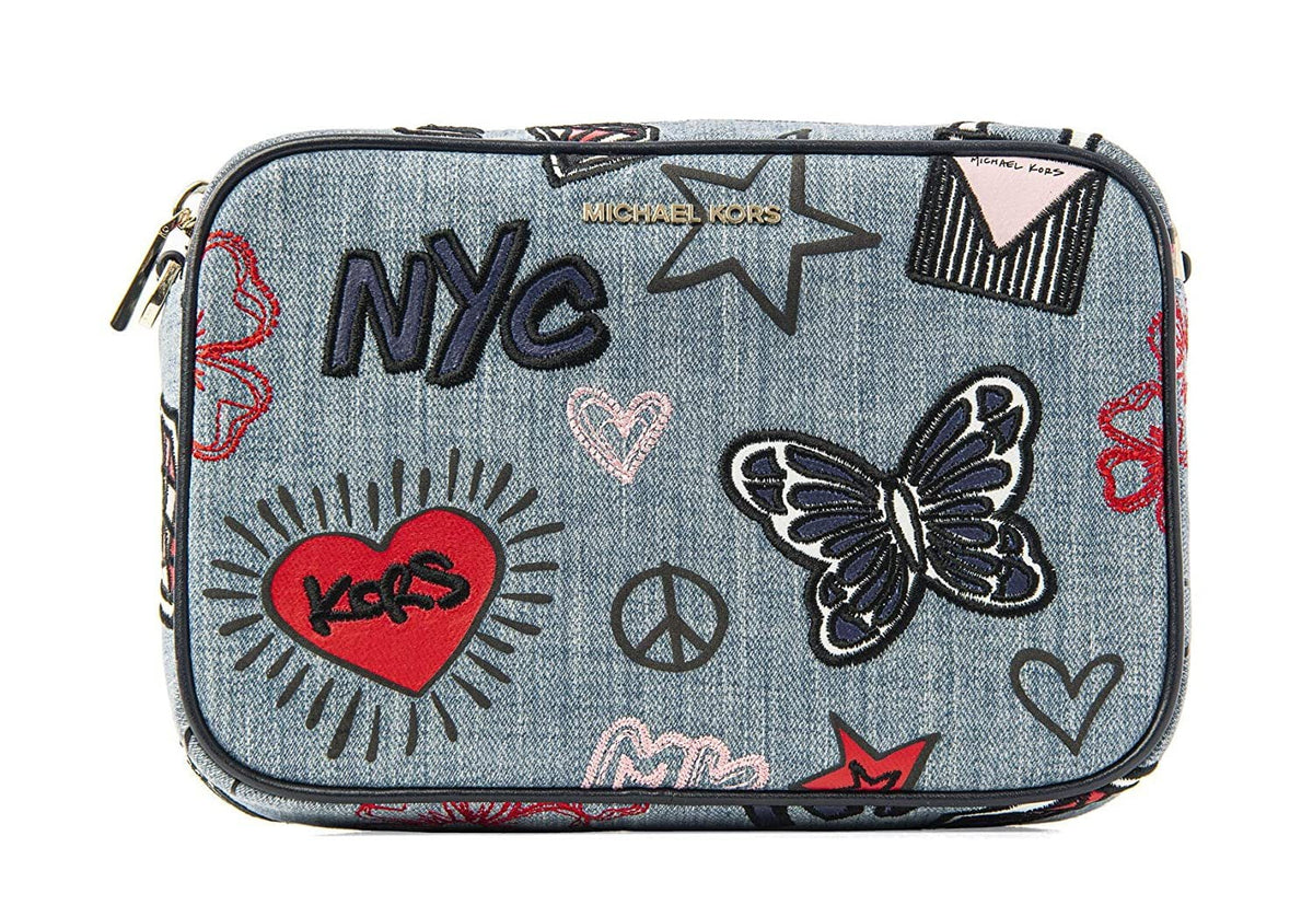 Embroidered Denim Ginny Kors Michael Crossbody Medium Bag New