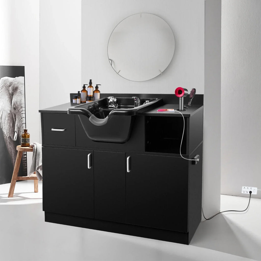 Station Sink with Artist Holes,P hand Shampoo Trap,Drawer(Black) Hair Beauty USB,Hair Salon Backwash Dryer