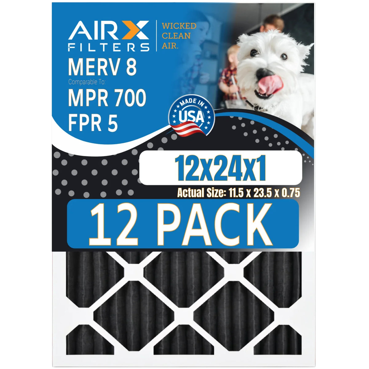 AIRX CLEAN AIR. USA MPR - 8 Rating, Filters Comparable WICKED Air Odor Filter in Made to Pack 12x24x1 by Retention FPR MERV of FILTERS 700, Furnace Filters 12 5, Pet