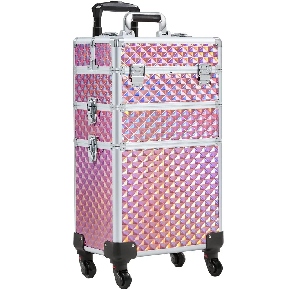 with 3-in-1 Trolley Large Makeup Rolling Case Storage, Topeakmart Pink Train Cosmetic
