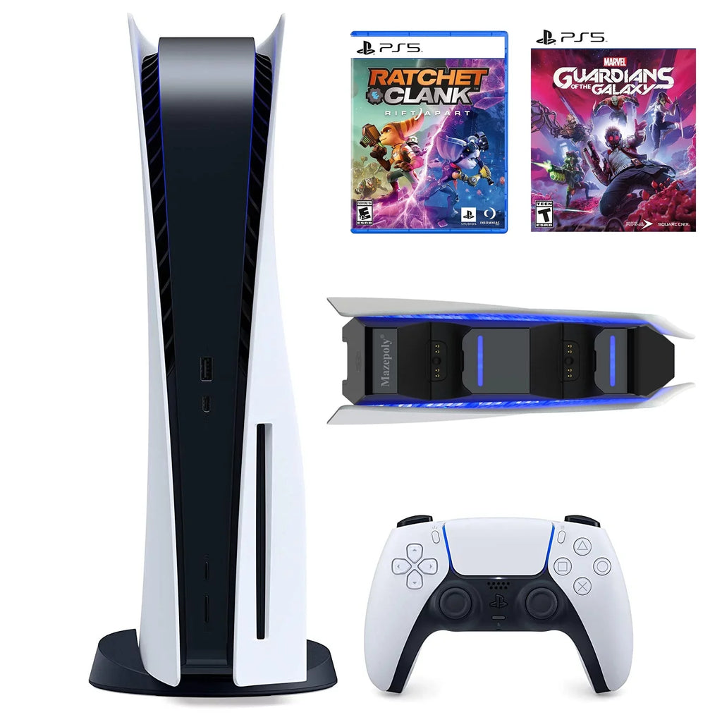 P-S-5 of and Clank: Console, One 825GB Galaxy Charger Wireless Mazepoly Dual Ratchet Rift & Dock Guardians Controller, with Marvel’s Apart Games Blu-ray, UHD Play-Station-5 the Disk