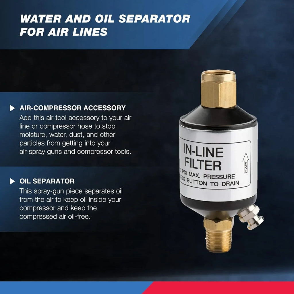 150 Outlet Pneumatic | Air Tool | NPT and Performance, Protect Separator | of Line Inlet | liquid 1/4" and for 30253A Black Optimize Oil Lifespan and Tools PSI Compressor Accessory NEIKO Air Air |