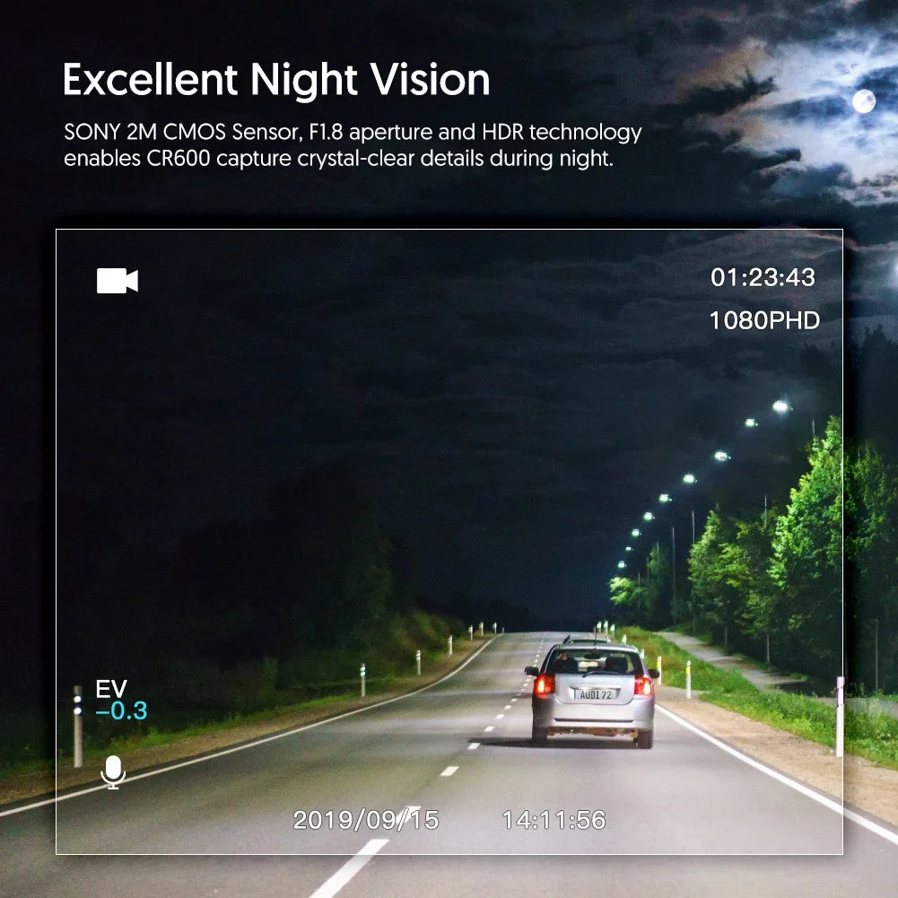 with Rotation Vision, Loop Car Monitoring,G-Sensor,WDR,Night CR600 1080P Recording, Detection, Parking in Dual Crosstour Motion Screen Front Camera and Dash FHD Cam Rear Mini